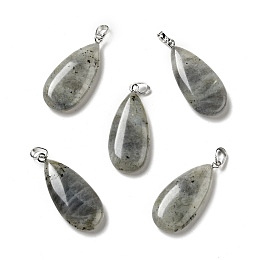 Natural Labradorite Pendants, with Platinum Tone Brass Findings, Teardrop, 33x15x7~7.5mm, Hole: 5x3.5mm