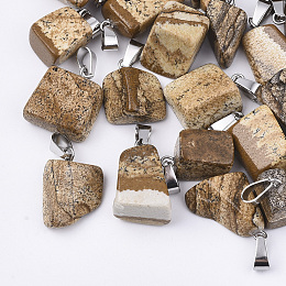 Honeyhandy Natural Picture Jasper Pendants, with Stainless Steel Snap On Bails, Nuggets, 15~35x10~20x5~15mm, Hole: 3x7.5mm