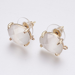 Honeyhandy Faceted Glass Stud Earring Findings, with Loop, Light Gold Plated Brass Findings, Oval, White, 14x10x5mm, Hole: 1mm, Pin: 0.8mm