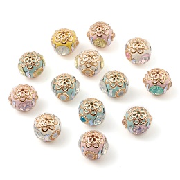 Honeyhandy Handmade Indonesia Beads, with Glass Rhinestone and Alloy Findings, Rondelle with Flower, Mixed Color, 19x19x20mm, Hole: 1.8mm