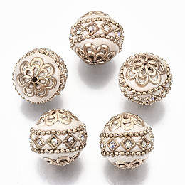 Honeyhandy Handmade Indonesia Beads, with Crystal AB Rhinestone and Golden Tone Brass Findings, Round, Old Lace, 19~20x19~21mm, Hole: 1.2~1.5mm