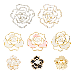 Arricraft 6Pcs 6 Style Flower Safety Pin Brooch for Women, with Enamel and ABS Plastic Imitation Pear, Crystal Rhinestone & Resin, Mixed Color, 29~51x29~50x10~18mm, Pin: 0.8mm, 1pc/style