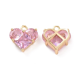 Honeyhandy Brass Glass Heart Charms, Faceted, Pink, Real 18K Gold Plated, 14x13.5x5mm, Hole: 1.8mm