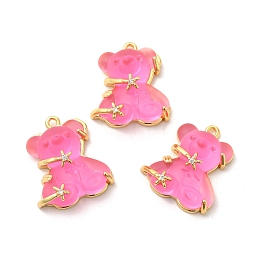 Honeyhandy Transparent Resin Crystal Rhinestone Pendants, Bear Charms, with Rack Plating Real 14K Gold Plated Brass Findings, Long-Lasting Plated, Cadmium Free & Lead Free, Hot Pink, 23.5x20.5x8mm, Hole: 1.5mm