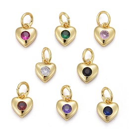 Honeyhandy Brass Micro Pave Cubic Zirconia Charms, Long-Lasting Plated, Real 18K Gold Plated, Heart, Mixed Color, 7.5x7x3mm, Hole: 3mm