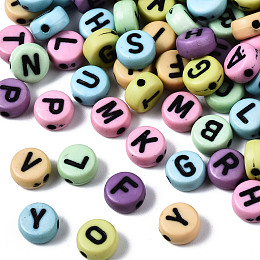 Honeyhandy Opaque Mixed Color Acrylic Beads, Flat Round with Black Random Letters, Random Mixed Letters, 7x3.5mm, Hole: 1.5mm, about 3600~3700pcs/500g