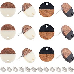 OLYCRAFT 12 Pairs Resin Wood Earring Studs Black & White Flat Round Resin & Walnut Wood Stud Vintage Resin Wood Statement Earring with 24Pcs 304 Stainless Steel Ear Nuts for Earring Making