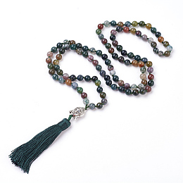 Honeyhandy Tassel Pendant Necklaces, with Natural Indian Agate Beads, Buddha Head, 31.1 inch~33 inch(79~84cm)