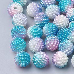 Honeyhandy Imitation Pearl Acrylic Beads, Berry Beads, Combined Beads, Rainbow Gradient Mermaid Pearl Beads, Round, Deep Sky Blue, 10mm, Hole: 1mm, about 200pcs/bag