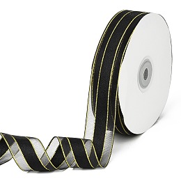 Honeyhandy Solid Color Organza Ribbons, Golden Wired Edge Ribbon, for Party Decoration, Gift Packing, Black, 1"(25mm), about 50yard/roll(45.72m/roll)