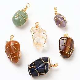 Honeyhandy Natural Gemstone Pendants, Wire Wrapped Pendants, with Golden Plated Copper Wire, Nuggets, 32~40x15~22mm, Hole: 3mm