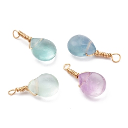 Honeyhandy Natural Fluorite Pendants, with Golden Copper Wire Findings, Teardrop, Mixed Color, 20~20.5x9x7mm, Hole: 2mm