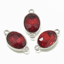 Honeyhandy Alloy Glass Links connectors, Faceted, Oval, Platinum, Red, 22x12x6mm, Hole: 1.5mm