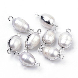 Honeyhandy Plated Natural Baroque Pearl Keshi Pearl Links connectors, with Iron Findings, Oval, Platinum, 18~20x8~9x8~9mm, Hole: 2mm