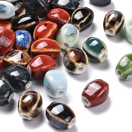 Honeyhandy Handmade Porcelain Beads, Fancy Antique Glazed Porcelain, Oval, Mixed Color, 12~14x9~10.5x9~11mm, Hole: 2.5mm