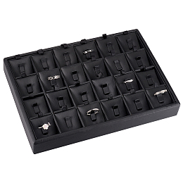 PandaHall Elite 1Pc 24-Compartment Wooden Rings Presentation Boxes, Covered with PU Leather, Black, 18x25x3.2cm, Compartment: 3.8x3.6x1.8cm