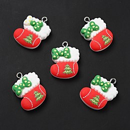 Honeyhandy Christmas Opaque Resin Pendants, with Platinum Tone Iron Loops, Christmas Sock Charm, Red, 26.5x19x7mm, Hole: 2x2.7mm