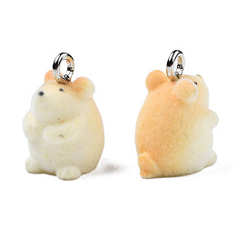 Honeyhandy Flocky Resin Pendants, with Platinum Plated Iron Loops, Hamster, Wheat, 19x14x12mm, Hole: 2.5mm