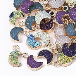 Honeyhandy Druzy Resin Pendants, with Edge Light Gold Plated Iron Loops, Moon, Mixed Style, Mixed Color, 14~15x8x4mm, Hole: 1.8mm