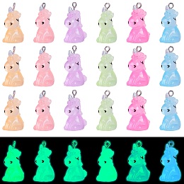 Honeyhandy 24Pcs 6 Colors Luminous Transparent Resin Pendants, Unicorn Charms, Glow in Dark, with Stainless Steel Color Plated 304 Stainless Steel Loops, Mixed Color, 26x12.5x19mm, Hole: 1.8mm, 4pcs/color