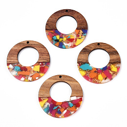 Honeyhandy Transparent Resin & Walnut Wood Pendants, with Gold Foil, Donut Charms, Colorful, 38x3mm, Hole: 2mm