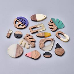 Honeyhandy Resin & Wood Pendants, Mixed Shapes, Mixed Color, 15~32x10~27x2.5~3mm, Hole: 1.8mm