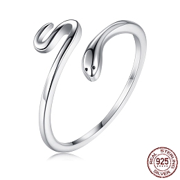 Honeyhandy Anti-Tarnish Rhodium Plated 925 Sterling Silver Cuff Rings, Open Rings, with Cubic Zirconia, Snake, Platinum