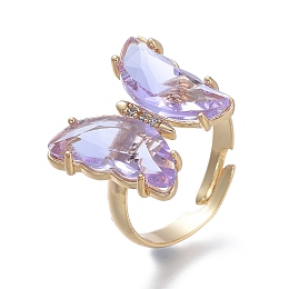 Honeyhandy Adjustable Brass Glass Finger Rings, with Clear Cubic Zirconia, Butterfly, Golden, Lilac, Size 7, Inner Diameter: 17mm