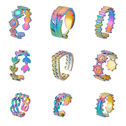 Arricraft 9 Pcs 9 Styles Open Punk Rings, Rainbow Color Wide Cuff Rings Leaf Feather Bullet Crown Flower Adjustable Finger Knuckle Ring Jewelry Set for Women