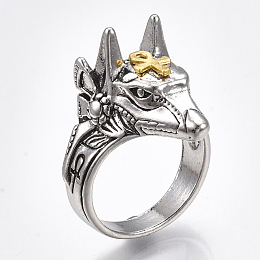 Honeyhandy Alloy Wide Band Rings, Chunky Rings, Wolf with Ankh Cross, Antique Silver & Golden, Size 11, 21mm