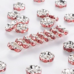 Honeyhandy Brass Rhinestone Spacer Beads, Grade A, Pink Rhinestone, Silver Color Plated, Nickel Free, Size: about 6mm in diameter, 3mm thick, hole: 1mm