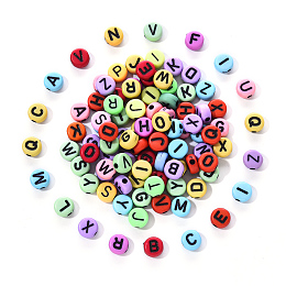 Honeyhandy Craft Mixed Color Acrylic Beads, Flat Round with Black Letter, 6~7x3.5~4mm, Hole: 2mm, about 100pcs/bag