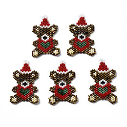 Honeyhandy MIYUKI & TOHO Japanese Seed Beads, Handmade Pendants, Loom Pattern, Bear with Christmas Hat, Camel, 37x21x2mm, Hole: 1.5mm