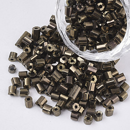 Honeyhandy 6/0 Two Cut Glass Seed Beads, Hexagon, Metallic Colours, Coffee, 3.5~5x3.5~4mm, Hole: 1mm, about 4500pcs/bag