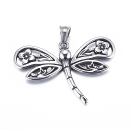 Honeyhandy 304 Stainless Steel Pendants, Dragonfly, Antique Silver, 26x40x3.5mm, Hole: 5.5x6mm