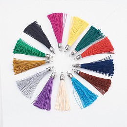 Honeyhandy Nylon Tassels Big Pendant Decorations, with Antique Silver Alloy Findings, Mixed Color, 55~67x7mm, Hole: 2mm