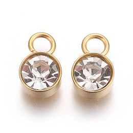 Honeyhandy Glass Rhinestone Charms, April Birthstone Charms, with Golden Tone 201 Stainless Steel Findings, Flat Round, Crystal, 10x6x4mm, Hole: 2.3mm