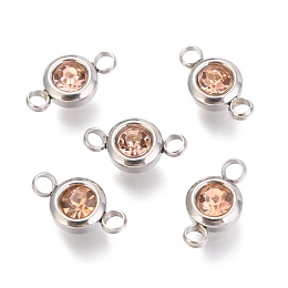 Honeyhandy 304 Stainless Steel Rhinestone Links Connectors, Flat Round, Stainless Steel Color, Light Peach, 12x6.5x4mm, Hole: 2mm