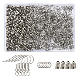 200Pcs 304 Stainless Steel Earring Hooks, with 200Pcs 304 Stainless Steel Ear Nuts & 200Pcs Jump Rings, Stainless Steel Color, 19.5x19.5mm, Hole: 2mm, Pin: 0.7mm