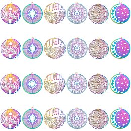 UNICRAFTALE 24Pcs 6 Style Rainbow Color Stars and Seas Pendant Charms Stainless Steel Filigree Pendants Etched Metal Embellishments Flat Round Hollow Pendant Hole 1.5mm for Jewelry Making