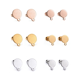 Arricraft 24Pcs 3 Color Vacuum Plating 304 Stainless Steel Stud Earring Findings, with Loop and Flat Plate, Flat Round, Mixed Color, 10.5~12.5x8~10x0.6~1mm, Hole: 1.5mm, Pin: 0.8mm, 24pcs/box