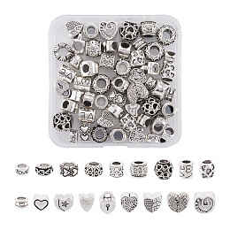 Kissitty 72Pcs 18 Style Tibetan Style Alloy European Beads, Heart & Column & Rondelle, Antique Silver, 7.5~12x8~12x4.5~9.5mm, Hole: 4~5.2mm, 4pcs/style