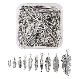 Honeyhandy 100Pcs 10 Style Tibetan Style Alloy Feather Pendants, Antique Silver, 15~40x5~15.8x1~3mm, Hole: 1~2mm, 10pcs/style