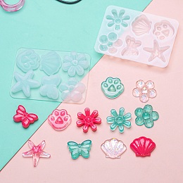 Honeyhandy Flower & Shell & Starfish & Paw Print & Butterfly Silicone Molds, Resin Casting Molds, Clay Craft Mold Tools, White, 67x50x6mm, Inner Diameter: 15~22x16~23mm