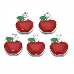 Honeyhandy Alloy Enamel Pendants, Platinum, Apple, FireBrick, 22x18x2.5mm, Hole: 3mm