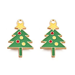 Honeyhandy Christmas Theme, Alloy Enamel Pendants, Light Gold, Christmas Tree, Green, 25x15.5x1.5mm, Hole: 2mm