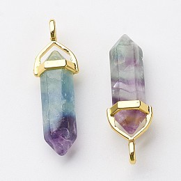 Honeyhandy Natural Fluorite Pointed Pendants, with Random Alloy Pendant Hexagon Bead Cap Bails, Golden, Bullet, 37~40x12.5x10mm, Hole: 3x4.5mm