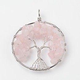 Honeyhandy Tree of Life Natural Rose Quartz Big Pendants, with Brass Findings, Platinum, 63~65x49~51x8~10mm, Hole: 8~10mm