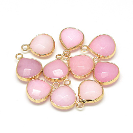 Honeyhandy Natural White Jade Pendants, with Nickel Free Brass Findings, Faceted, Dyed, teardrop, Golden, Pink, 17.5x13.5x6.5mm, Hole: 2mm