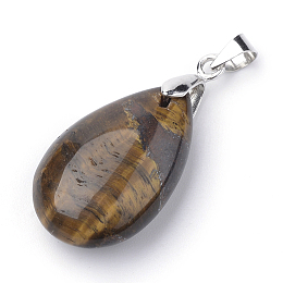 Honeyhandy Natural Tiger Eye Pendants, with Alloy Findings, teardrop, Platinum, 23~24x14x8mm, Hole: 4x5mm